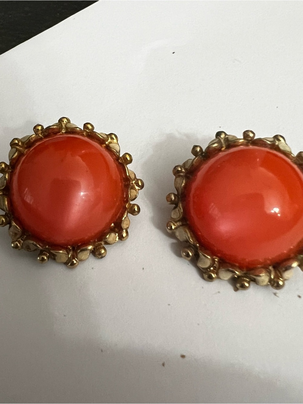 Gold-Tone Coral Button Earrings - Vibrant Orange Statement clip on.